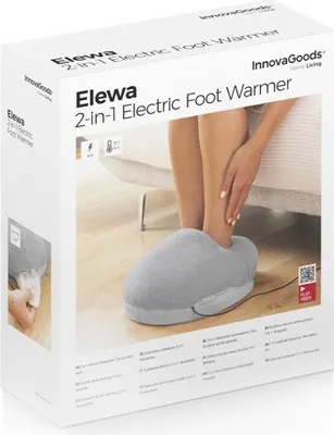 The image shows the packaging of an electric foot warmer, with a lifestyle shot of the product in use.