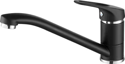 A black kitchen faucet with silver accents on a white background.