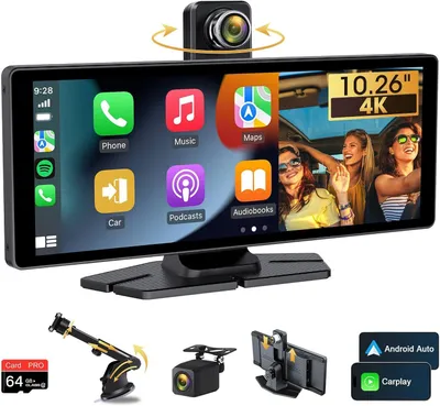 Imagen del producto de Pantalla compatible con Carplay, con cámara de tablero 4K, pantalla táctil HD IPS de 10,26 pulgadas y cámara de visión trasera
