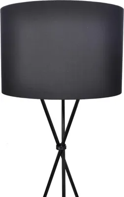 A black floor lamp with a cylindrical shade and a tripod base.