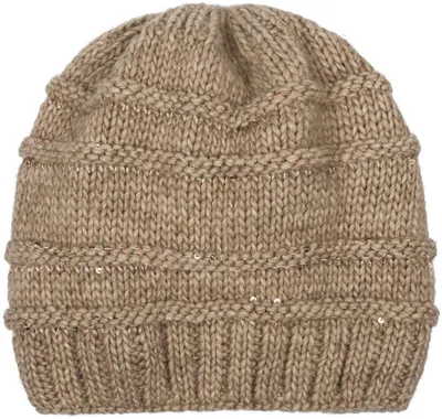 Produktbild von styleBREAKER Damen Strick Wintermütze mit Pailletten, Öffnung für Pferdeschwanz und Thermo-Fleece Futter, Beanie Mütze 04024177