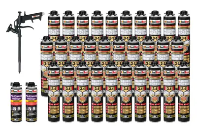 Produktbild von Isolbau Mauermörtel Pistolenschaum SET - Teflon Schaumpistole, 2 x PolyurethanReiniger Montageschaum Klebeschaum PolyurethanMörtel 30 x 750ml