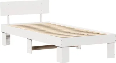 Zdjęcie produktu dla Łóżko Drewniane 100x200 Białe Rama Łóżka ze Stelażem z Zagłówkiem
