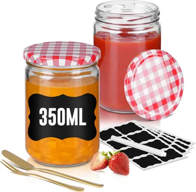 Image de XMTECH Set de 12 bocaux en verre 350 ml - bocaux avec couvercle à visser à carreaux rouges, étiquettes et stylo inclus