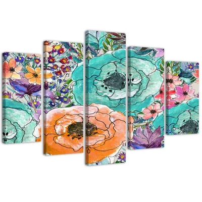 Produktbild von 5-teiliges leinwandbild blumenkomposition 150x100 cm Feeby farbe wandbild bereit zum aufhängen