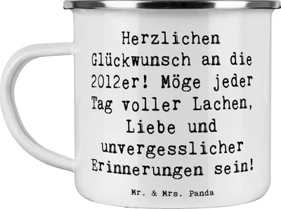 Produktbild von Mr. & Mrs. Panda Pott Spruch 2012 Geburtstag Glückwünsche - Weiß - Geschenk, Emaille Tasse, Kaffeepott, Teetasse, besondere Momente, Alter, Geburtsjahr, Happy Birthday