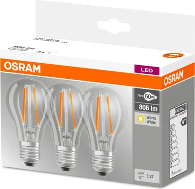 Immagine prodotto di OSRAM LED Base Classic A, a forma di lampadina con base E27, non dimmerabile, sostituisce 60 watt, stile filamento chiaro, bianco caldo - 2700 Kelvin, confezione da 3 pz