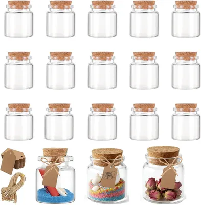 Immagine prodotto di Mini bottiglie di vetro con tappo, capacità 50 ml, confezione da 15 pezzi, ideali per erbe aromatiche e decorazioni