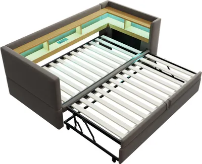 Produktbild von Flieks Tagesbett Polsterbett 90/180x190cm mit Ausziehbett, Schlafsofa Daybed mit Ladefunktion und LED, Jugendbett Holzbett mit Regal, Samt, Dunkelgrau