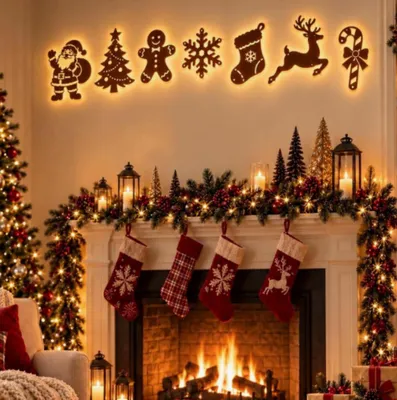 Produktbild von Wanddeko für Weihnachten,(7 Stück)Beleuchtete mit Fernbedienung Weihnachtsdeko aus Holz,Weihnachtsbeleuchtung (C)