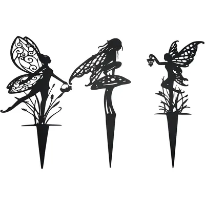 Productafbeelding van Decoratieve tuinprikkers, set van 3: Zwarte metalen vlinder- en elfjesprikkers voor tuin, bloembedden en gazon, decoratieve cadeaus