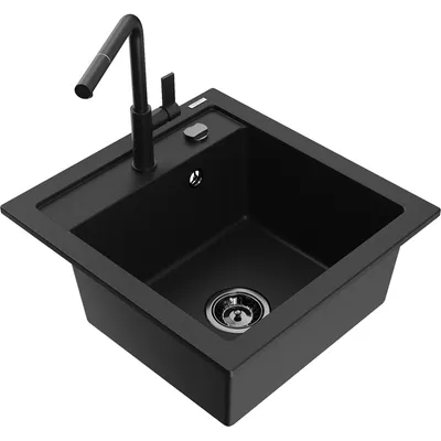 Obrázek produktu pro Mexen Vito 1-miskový granitový dřez s kuchyňskou baterií Flora, Černá - 6503-77-670401-70-B