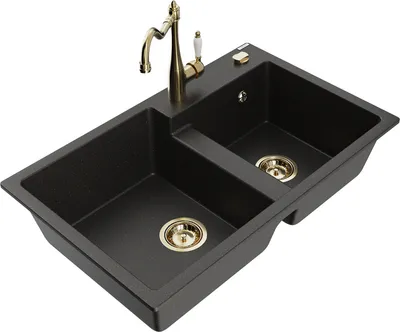 Produktbild von Mexen Tomas 2-Becken-Granitspüle mit Mischbatterie Carla, Schwarz/Gold metallisch - 6516-75-670700-50