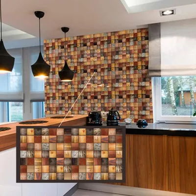 A modern kitchen with a tiled backsplash and a wooden countertop. The image includes a close-up inset of the product.
