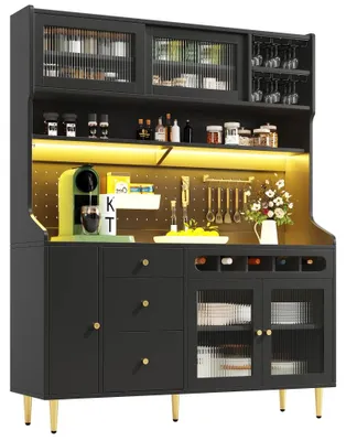 Zdjęcie produktu dla Nowoczesna szafka kuchenna – witryna – 145 × 39 × 171 cm – regulowane półki – oświetlenie LED – szuflada – półka na wino – kolor czarny