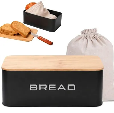 Metallene Brotbox mit Bambusdeckel, 34x19x12,5 cm, schwarz