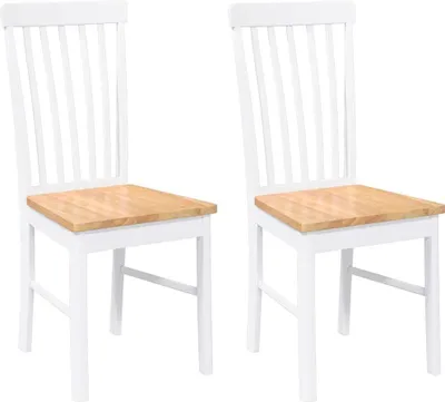 Two white dining chairs with wooden seats are shown against a white background.