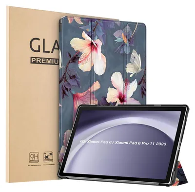 Produktbild von Schutzhülle + 2x 9H Display Glas für Xiaomi Pad 6 / 6 Pro 11.0 Zoll Cover Case Schutz Tablet Farbe: Blühender Hibiskus