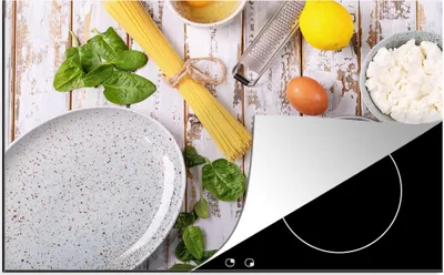 Produktbild von KitchenYeah© Herdabdeckplatte Nudeln - Kräuter - Ei - Zitrone - Küche , 80x52cm, Küche Deko, Glaskeramikkochfeld Herdabdeckung, Abdeckplatte fùr Kochfeld