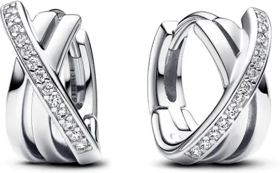 Productafbeelding van PANDORA oorbellen, model Signature, creolen van sterling zilver met zirkonia
