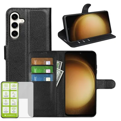 Image de Étui pour Samsung Galaxy S24 Plus, noir, en simili cuir + verre de protection H9