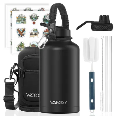 Produktbild von Isolierte Edelstahl Trinkflasche 1890 ml Schwarz Doppelwand Vakuum Thermosflasche mit 2 Deckeln