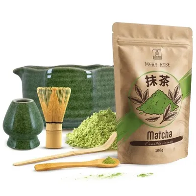 Produktbild von Mary Rose - Matcha Tee Set 100g - Pulver Grüner Tee - Keramik Grüne Tonbo Matchawan Schale 400ml mit Ausguss, Besenhalter - Bambus Chasen Besen