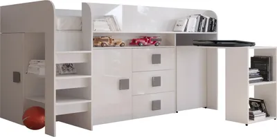 Produktbild von Etagenbett für Kinder Toledo 1 Stockbett mit Treppe und Bettkasten (Weiß + Weiß Glanz + graue Griffe)