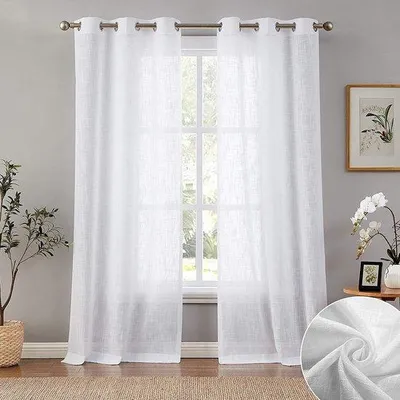 Productafbeelding van Unyqoos® Halfdoorschijnende gordijnen met linnenlook, set van 2, 225x140 cm, 100% polyester, met oogjes – lichtdoorlatend en gemakkelijk te onderhouden, geschikt voor woon- en slaapkamer