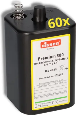 Produktbild von 60x Nissen 4R25 Premium 800 - 6V 7-9Ah 6 Volt Hochleistungs- Blockbatterie für z.B. Baustellenleuchte / Baustellenlampe / Blinklampe/ Handscheinwerfer