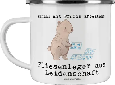 Produktbild von Mr. & Mrs. Panda Emaille Tasse Fliesenleger Leidenschaft - Weiß - Geschenk, Spruch, Pott, Lustig, becher, Teetasse, Handwerk, Beruf, Haferl
