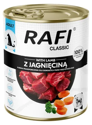 Obrázek produktu pro Rafi Classic s Jehněčím 800g Kompletní Mokré Krmivo Pro Dospělé Psy Všech Plemen