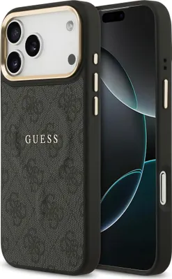 A black phone case with a gold trim around the camera lens, featuring the GUESS logo and pattern.