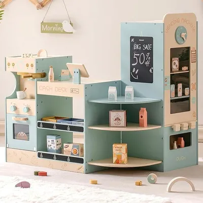 Imagen del producto de Tienda de comestibles de madera para niños, con máquina de café, caja registradora, mostrador, máquina expendedora, ideal para juegos de roles, a partir de 3 años