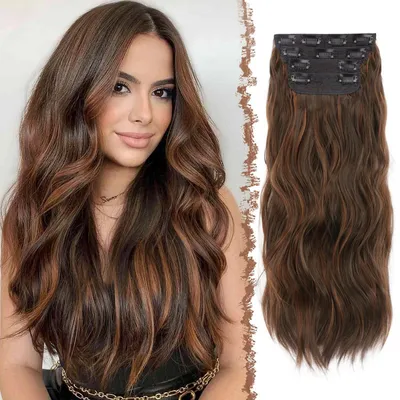 Immagine prodotto di Extension per capelli con clip, lunghezza 50 cm, effetto ondulato, fibra sintetica, 4 pezzi, colore nero-marrone e castano-rossiccio