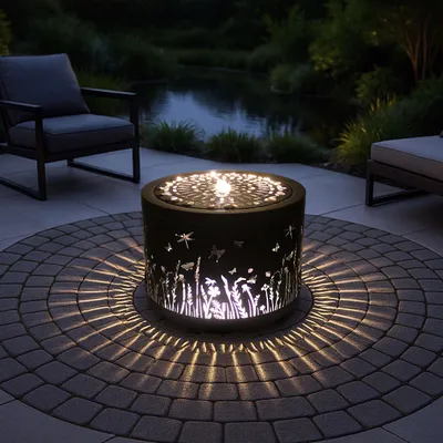 Produktbild von Gartenbrunnen mit LED Beleuchtung aus Metall runder Springbrunnen Wasserspiel Gartendeko