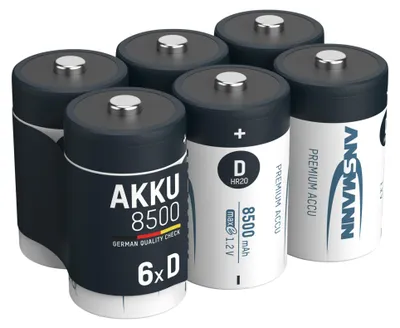 A group of D-size rechargeable batteries are arranged in a studio setting against a white background.