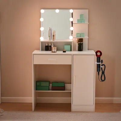 A white vanity table with a lighted mirror, drawers, and a cabinet, set against a light brown wall.