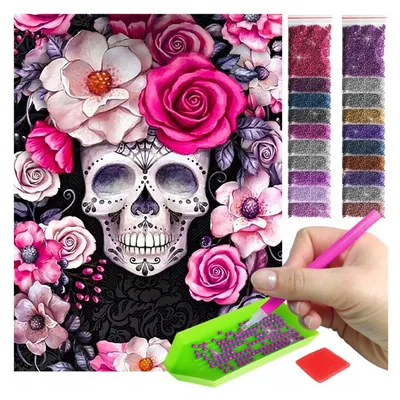 Produktbild von ARTULIO - Diamond Painting Set - Totenkopf mit rosa Blumen - 40 x 30 cm - Bilder DIY, Crystal Art, 5D Diamant Painting, Komplettset Mosaik + Zubehör