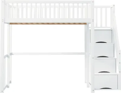 Produktbild von Merax Hochbett Etagenbett 140x200cm aus Massivholz Kiefer, Kiinderbett mit Stauraum-Sicherheitsleiter, viel Platz unter dem Bett, Weiß