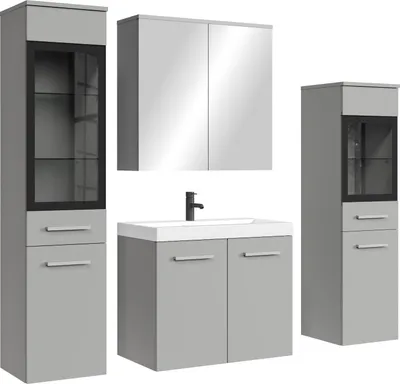 Image de Meuble de salle de bain Mirano 60 x 35 cm - Gris mat - Meuble avec miroir et armoires latérales