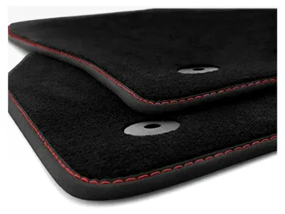 Produktbild von Fußmatten für Ibiza 5, Velours Autoteppich schwarz 2-teilig vorn, Nubuk schwarz mit roter Ziernaht