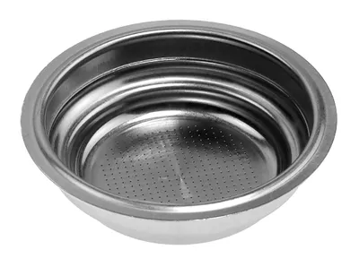 A close-up, top-down view of a stainless steel espresso machine filter basket.