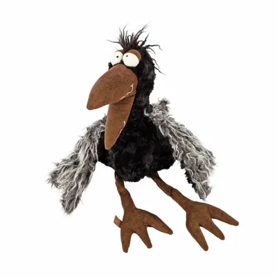 A stuffed toy crow is shown against a white background.