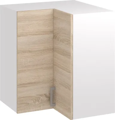 A corner kitchen cabinet with a light wood interior and a white exterior.