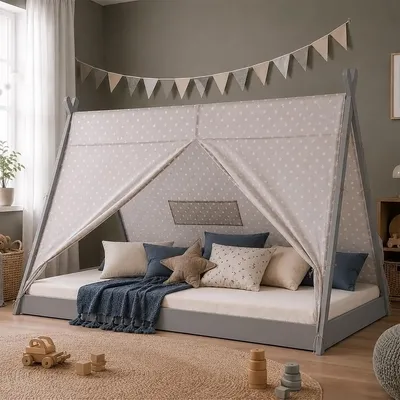 Produktbild von Homestyle4u Kinderbett 90x200 Hausbett mit Matratze mit ® Standard 100 Tipi Bett Holzbett