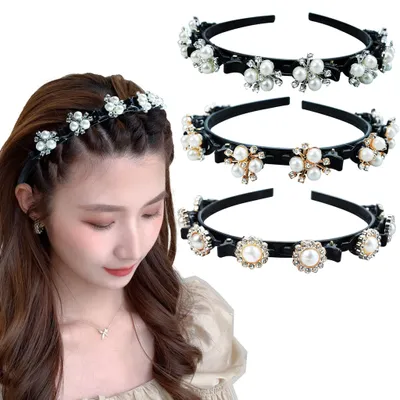Produktbild von 3 Stück Haarreifen mit Klammern, Bangs Hairstyle Hairpin, Glitzer Perlen Blumen Haarclips Haarbänder Frisurenhilfe Haarreif mit Clips, Twist Clip Stirnband Haarhalter Harrschmuck für Damen Mädchen