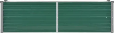 A wide shot of a green, rectangular garden raised bed divided into two sections, with a silver metal frame.