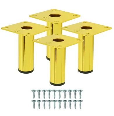 Four gold-colored furniture legs with mounting plates and a set of screws are displayed on a white background.