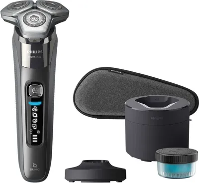 Productafbeelding van Philips SHAVER Series 8000 S8697/55, roterende scheerkop, chroom, staal. Precisiebladen, LED-indicator, dagelijks gebruik. Verbindt via Bluetooth, model SH91